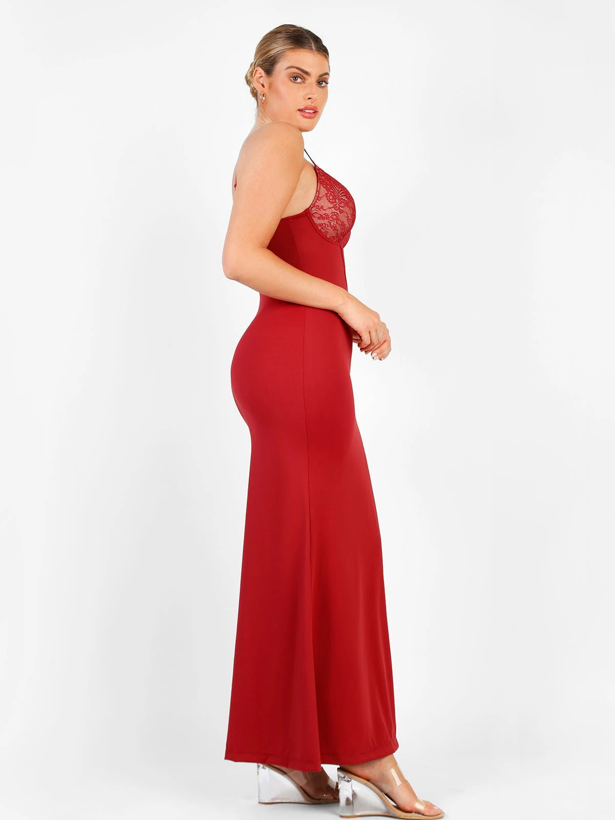 Robe Gainante Sculptante à Dentelle Col V