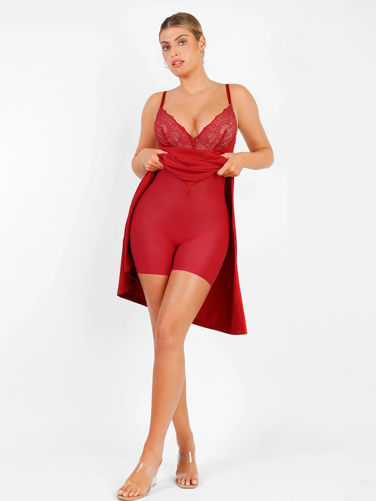 Robe Gainante Sculptante à Dentelle Col V