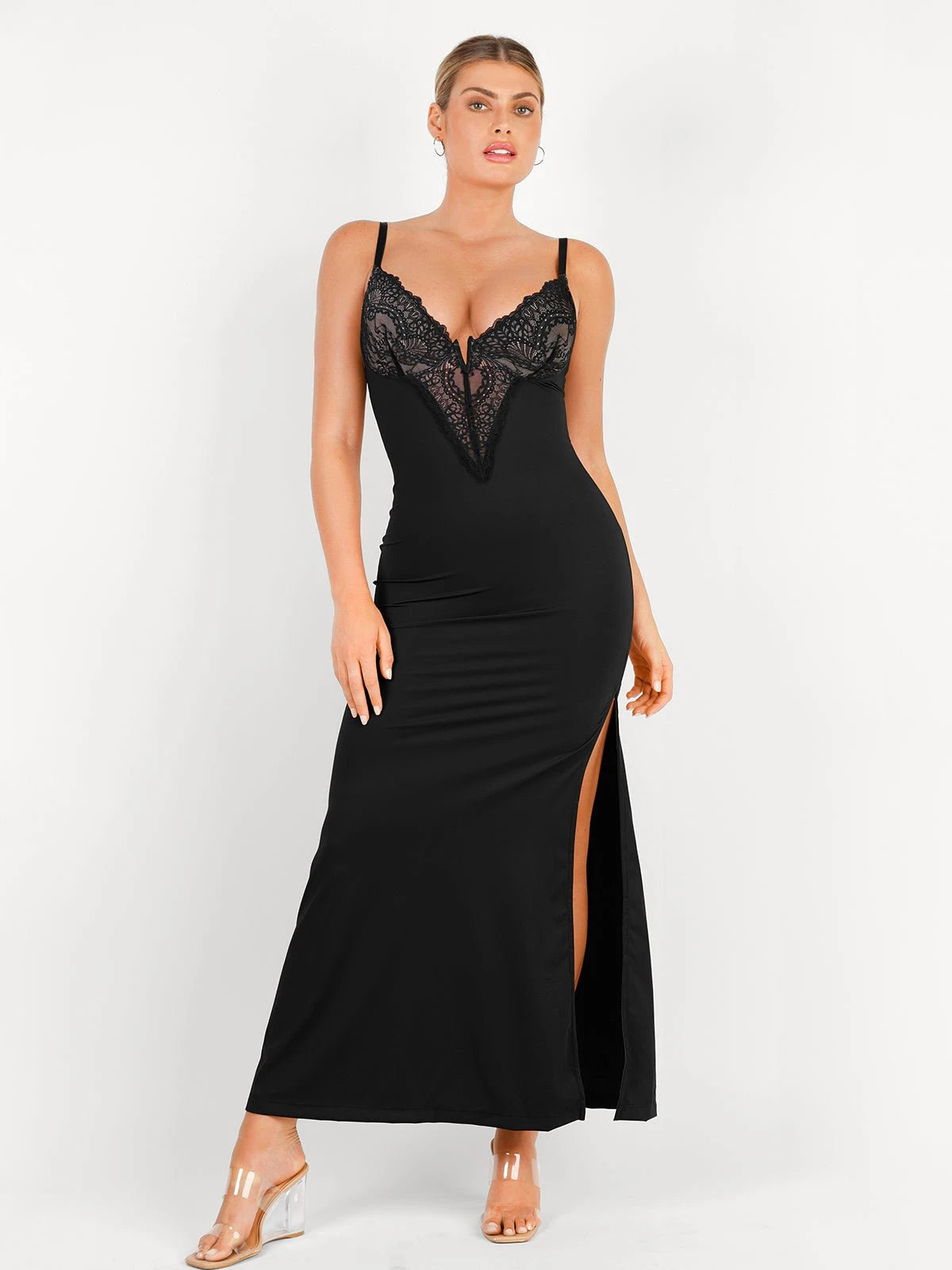Robe Gainante Sculptante à Dentelle Col V