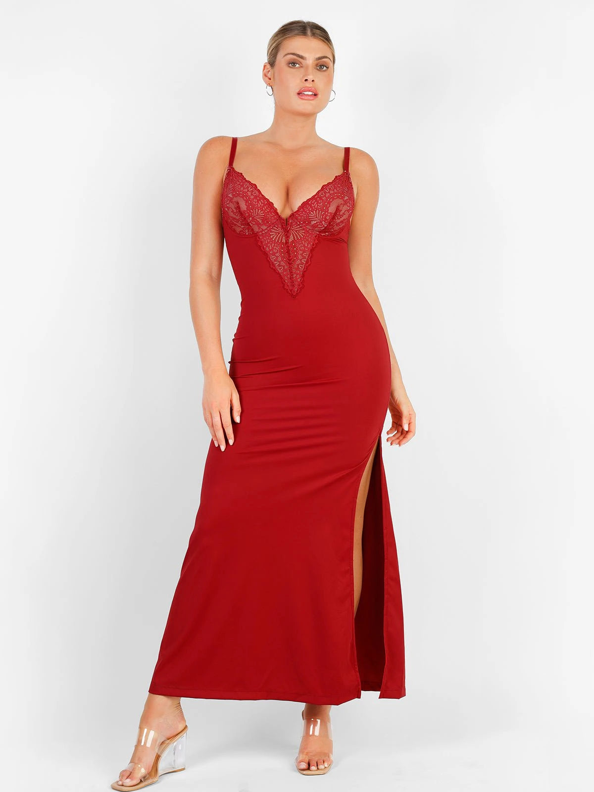 Robe Gainante Sculptante à Dentelle Col V