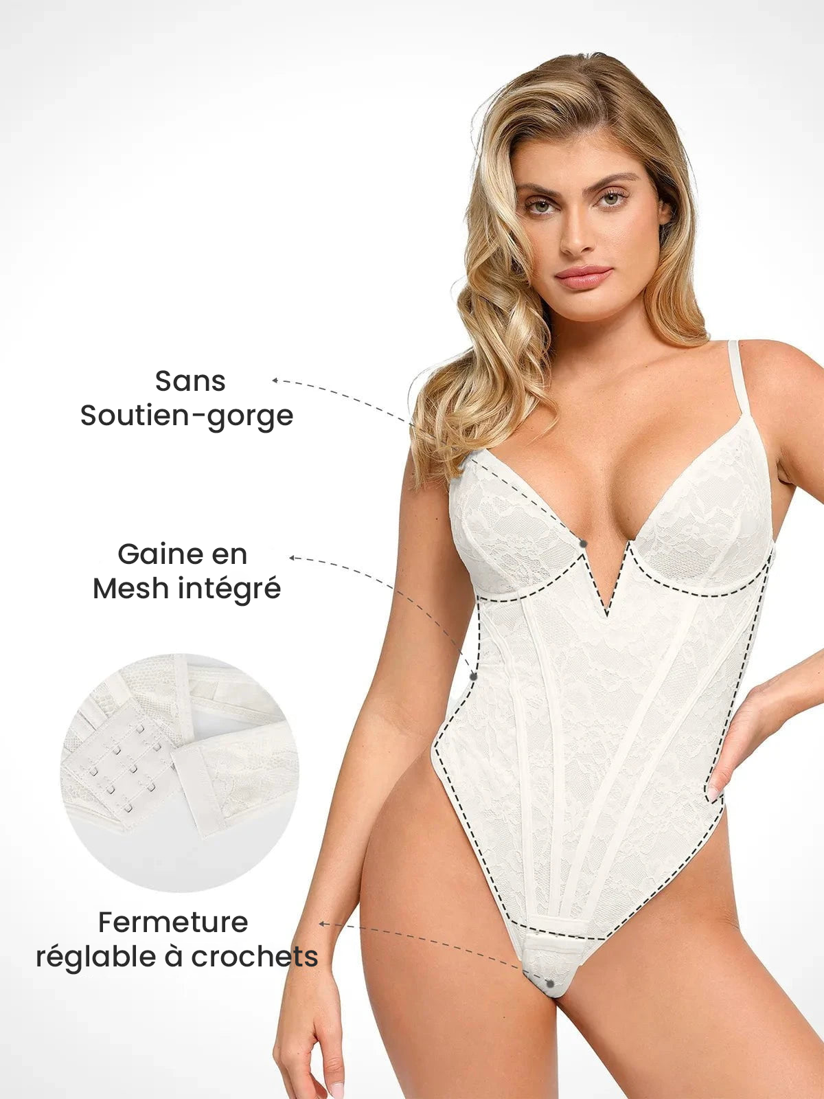 Body Gainant Sculptant à Dentelle Corset Col V